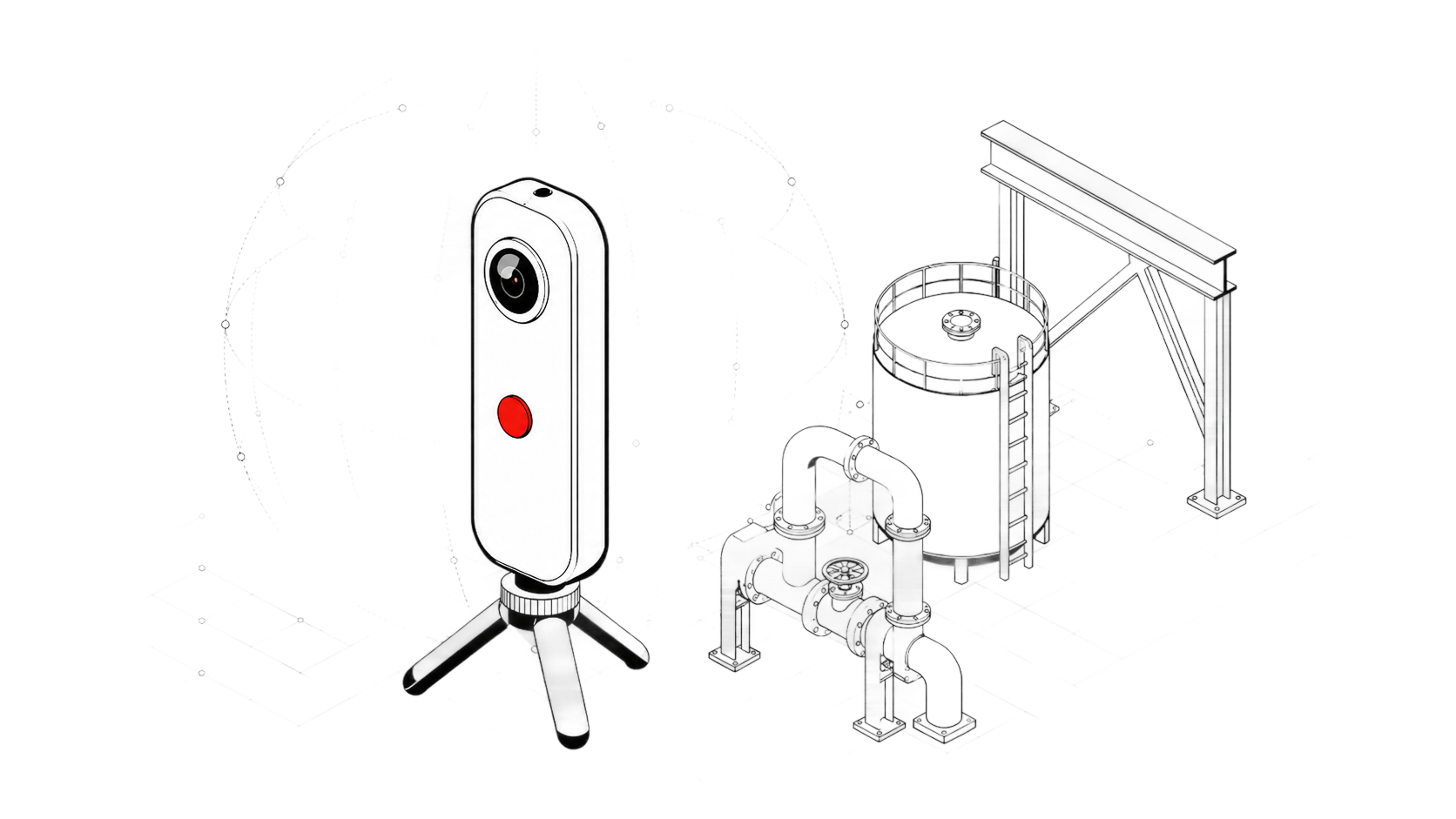 RICOH THETA isometric illustration with capture sphere and industrial scene